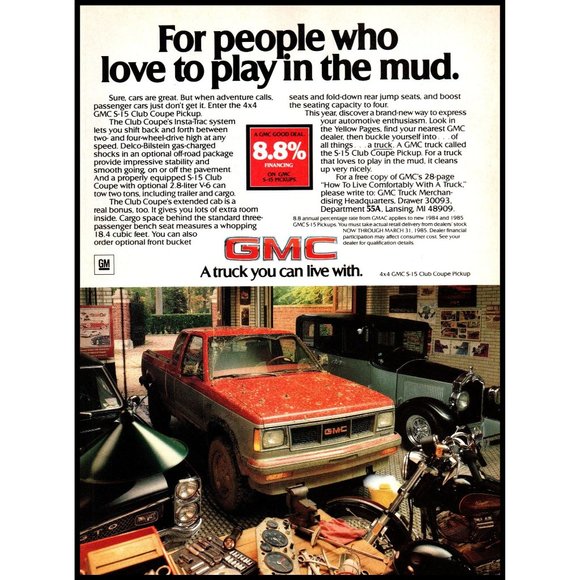 1985 GMC S-15 Club Coupe 4x4 Pickup Truck Vintage Print Ad Mid Garage Wall Art - Picture 1 of 1
